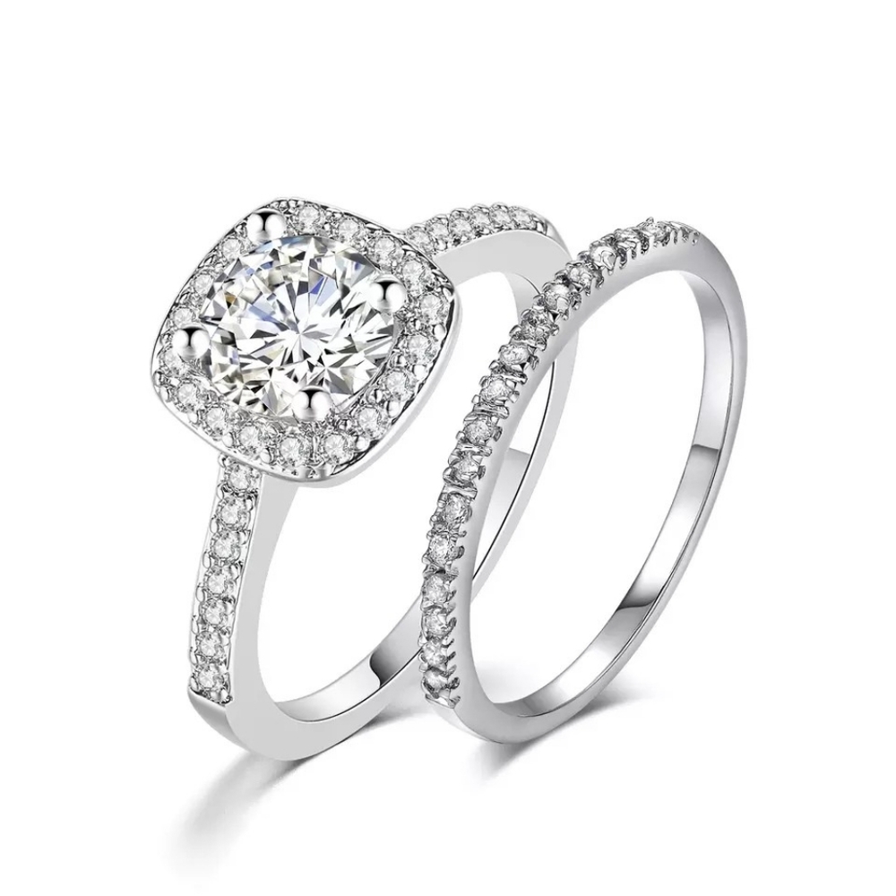 New 925 Sterling Silver Diamond Halo 2P Ring Set - Picture 3 of 3